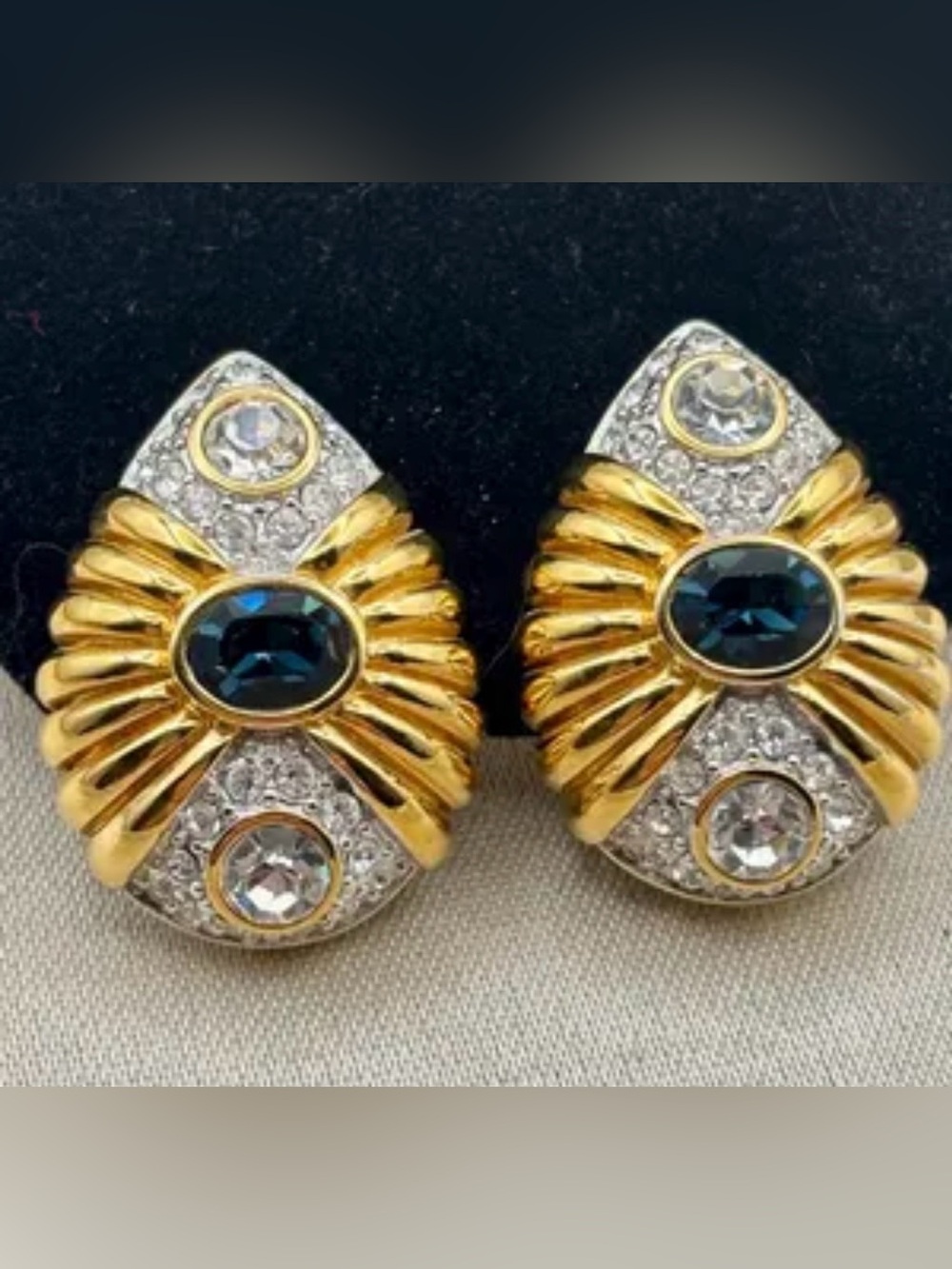 Gold-Tone Blue Crystal Teardrop Clip-On Earrings art deco vintage